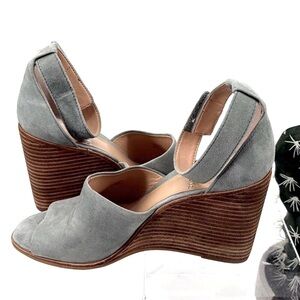 Vince‎ Camuto Deedriana Ankle Strap Wedge Sandal Peep Toe Leather Blue 8M